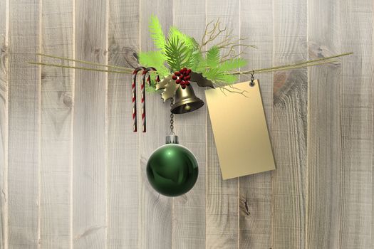 Holiday Christmas background on wood. Hanging symbols of Christmas ball bauble, Xmas bell, candy cane, fir branches, golden tag label on rustic wood. Place for text, mock up. Horizontal 3D illustration