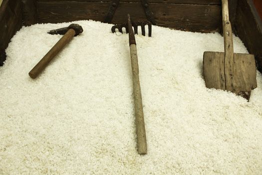 Sea salt stored for processed and old tools in Santa Pola, Spain