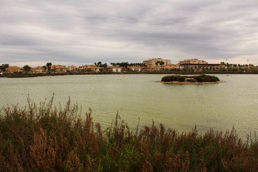 Wetlands of Santa Pola in a cloudy day of winter. Santa Pola in the background