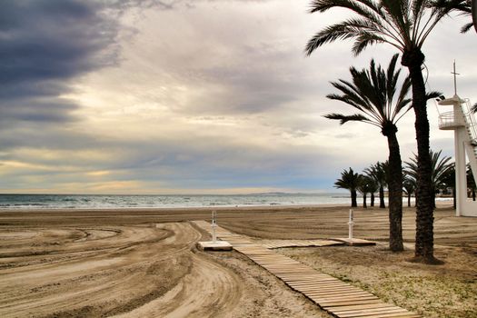 Beach under stormy sky in Santa Pola, Alicante, Spain