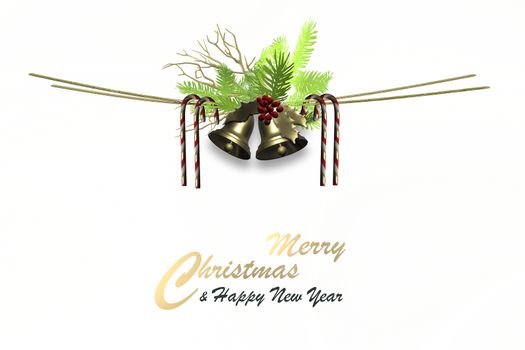 Christmas festive background border on white. Symbol of Xmas. Candy canes, Xmas gold bells, fir branch over white. Text Merry Christmas Happy New Year. Copy space, isolated, border, header. 3D render