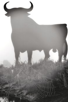 Santa Pola, Alicante, Spain- February 20, 2020: Silhouette of the mythical and typical spanish Osborne bull in the salt pans of Santa Pola, Alicante on a foggy day