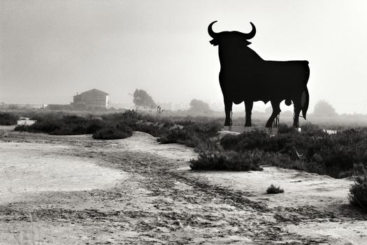Santa Pola, Alicante, Spain- February 20, 2020: Silhouette of the mythical and typical spanish Osborne bull in the salt pans of Santa Pola, Alicante on a foggy day