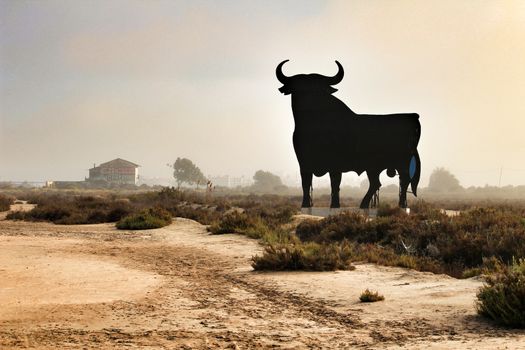 Santa Pola, Alicante, Spain- February 20, 2020: Silhouette of the mythical and typical spanish Osborne bull in the salt pans of Santa Pola, Alicante on a foggy day