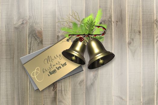 Wooden minimalist festive Christmas background. Gold shiny realistic Christmas bells, golden label tag with text Merry Christmas Happy New Year on rustic wood. Place for text. 3D illustration