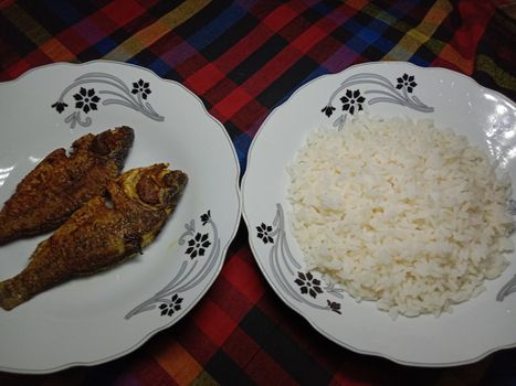 white colored Rice stock and fish on plate