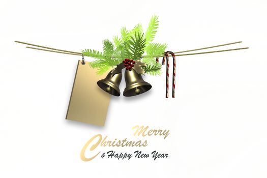 Christmas festive background border on white. Symbol of Xmas. Candy canes, Xmas gold bells, fir branch over white. Text Merry Christmas Happy New Year. Copy space, isolated, border, header. 3D render