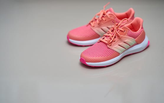 pink sport shoes on top view ,on  floor