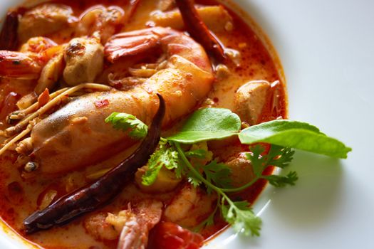 River prawn spicy soup or tom yum goong,a famous Thai food