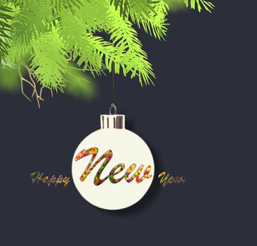 New Year abstract minimalist background. Hanging silhouette of Christmas ball bauble on branches of Xmas fir on black background. Colourful text Happy New Year. 3D Illustration.