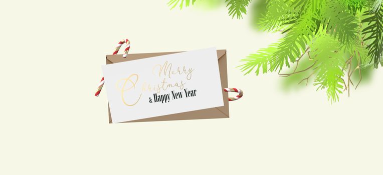 Holiday Christmas New Year design. Envelope, Xmas candy canes, fir branches, text Merry Christmas on yellow background. Mock up, place for text. 3D illustration