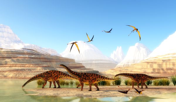 Rhamphorhynchus Pterosaurs rest on a sandbank as a herd of sauropod Spinophorosaurus dinosaurs come to drink from a swamp.