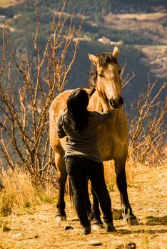 woman standing by a horse caressing his cheeck