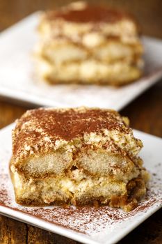 tiramisu cake on white plates