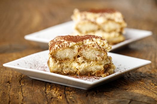 tiramisu cake on white plates