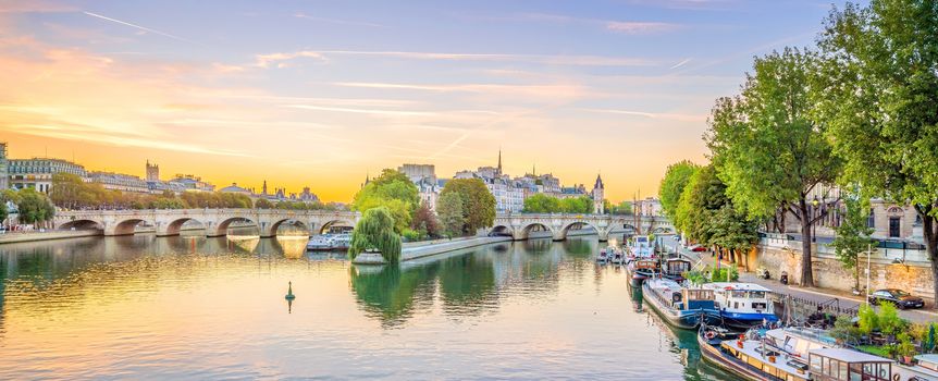 Sunrise view of old town skyline and Seine river in Paris,France