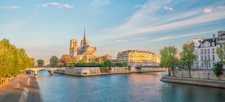 The beautiful Notre Dame de Paris in France at sunrise