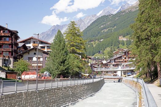 Zermatt, Switzerland on july 19, 2020: The view of the ski resort Zermatt situated in Valais, summertime, Switzerland.