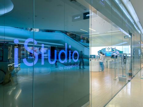 iStudio, Apple premium shop by Copperwired, at the Central Embassy, Bangkok, Thailand with pandemic influenza precautions procedure during Covid-19 situation