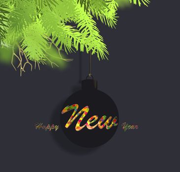 New Year abstract minimalist background. Hanging silhouette of Christmas ball bauble on branches of Xmas fir on black background. Colourful text Happy New Year. 3D Illustration.