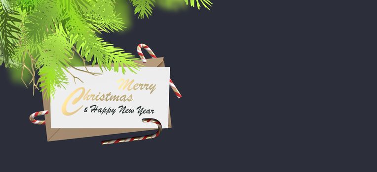 Holiday Christmas New Year banner. Envelope, Xmas candy canes, fir branches, text Merry Christmas on black background. Mock up, place for text. 3D illustration