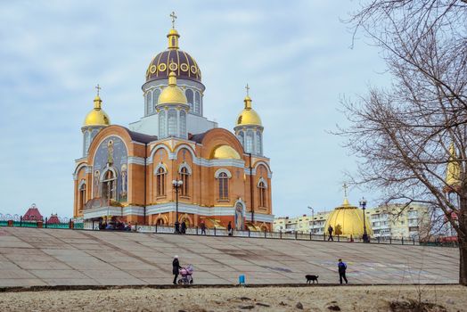 Kiev/Ukraine - March 7, 2014 - The modern Cathedral of Intercession of the Mother of God, in the Obolon district of Kiev, Ukraine, near the Dnieper river