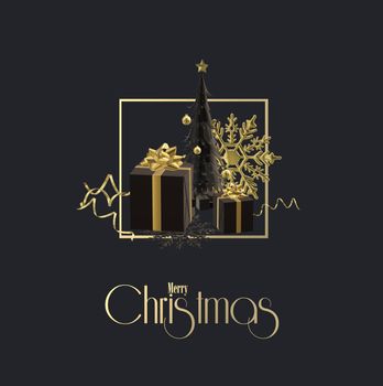 Christmas holiday card in black and gold. Abstract Xmas gift boxes, Xmas tree, snowflakes, strimmer, golden frame, text Merry Christmas on black background. 3D illustration