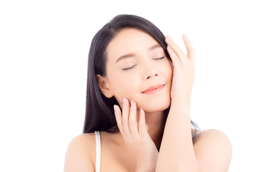 Portrait of beautiful asian woman makeup of cosmetic, girl hand touch cheek and smile attractive, face of beauty perfect with wellness isolated on white background with skin healthcare concept.
