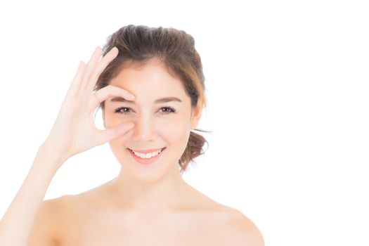 Portrait of beautiful asian woman makeup of cosmetic, girl hand touch eye and smile attractive, face of beauty perfect with wellness isolated on white background with skin healthcare concept.