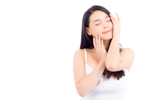 Portrait of beautiful asian woman makeup of cosmetic, girl hand touch cheek and smile attractive, face of beauty perfect with wellness isolated on white background with skin healthcare concept.