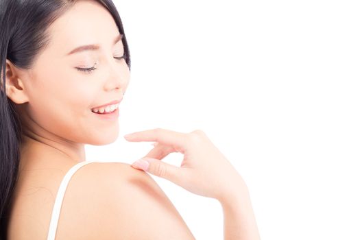 Portrait of beautiful asian woman makeup of cosmetic, girl touch  shoulder and smile attractive, face of beauty perfect with wellness isolated on white background with skin healthcare concept.