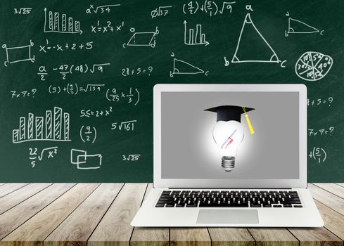 light bulb with certification on labtop show the ingenuity intelligence knowledge and success on blackboard, inspiration with education concept.