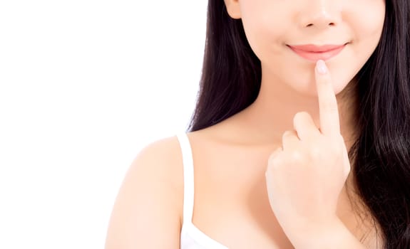 Portrait of beautiful woman asian makeup of cosmetic, girl hand touch mouth and smile attractive, lips beauty perfect with wellness isolated on white background with healthcare concept.