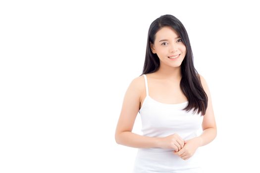 Portrait of beautiful asian woman makeup of cosmetic, beauty of girl with face smile attractive isolated on white background, perfect with wellness and healthcare concept.