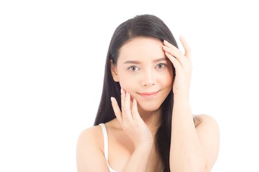 Portrait of beautiful asian woman makeup of cosmetic, girl hand touch cheek and smile attractive, face of beauty perfect with wellness isolated on white background with skin healthcare concept.