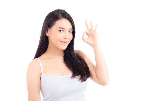 Portrait of beautiful asian woman makeup of cosmetic, beauty of girl with face smile and gesture ok attractive isolated on white background, perfect with wellness and healthcare concept.