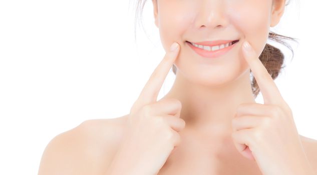 Portrait of beautiful asian woman makeup of cosmetic, girl hand touch mouth and smile attractive, lips beauty perfect with wellness isolated on white background with healthcare concept.