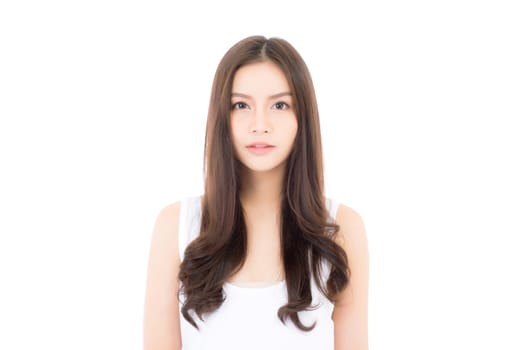 Portrait of beautiful asian woman makeup of cosmetic, beauty of girl with face smile attractive isolated on white background, perfect with wellness and healthcare concept.