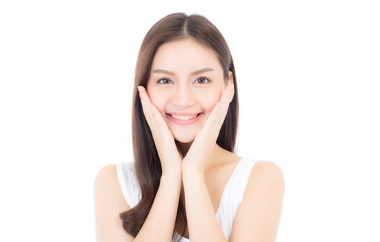 Portrait of beautiful asian woman makeup of cosmetic, girl hand touch cheek and smile attractive, face of beauty perfect with wellness isolated on white background with skin healthcare concept.