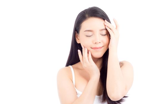 Portrait of beautiful asian woman makeup of cosmetic, girl hand touch cheek and smile attractive, face of beauty perfect with wellness isolated on white background with skin healthcare concept.