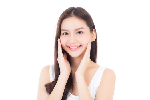 Portrait of beautiful asian woman makeup of cosmetic, girl hand touch cheek and smile attractive, face of beauty perfect with wellness isolated on white background with skin healthcare concept.
