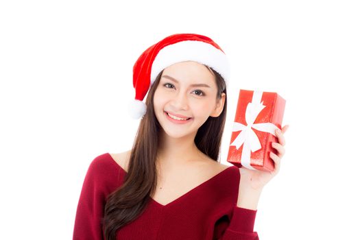 Happy asian woman with smile holding gift box of xmas, Present girl with celebration christmas a holiday, girl with buyer enjoy and excited isolated on white background, shopping with season concept.