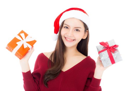 Happy asian woman with smile holding gift box of xmas, Present girl with celebration christmas a holiday, girl with buyer enjoy and excited isolated on white background, shopping with season concept.