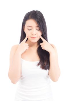 Portrait of beautiful asian woman makeup of cosmetic, girl hand touch cheek and smile attractive, face of beauty perfect with wellness isolated on white background with skin healthcare concept.