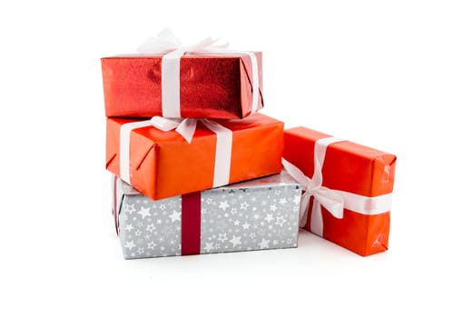 Many gift box white ribbon isolated on white background, using for christmas and new year or holiday other.
