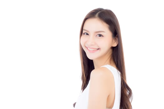 Portrait of beautiful asian woman makeup of cosmetic, beauty of girl with face smile attractive isolated on white background, perfect with wellness and healthcare concept.