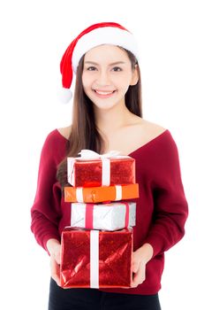 Happy asian woman with smile holding gift box many of xmas, Present girl with celebration christmas a holiday, girl with buyer isolated on white background, shopping with season concept.