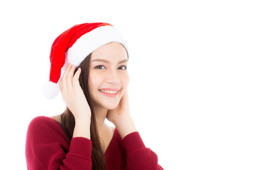 Christmas Santa hat of young asian woman portrait, girl with smile and happy isolated on white background xmas and new year concept.