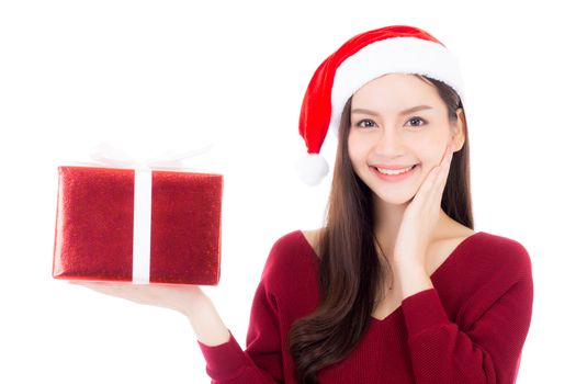 Happy asian woman with smile holding gift box of xmas, Present girl with celebration christmas a holiday, girl with buyer isolated on white background, shopping with season concept.