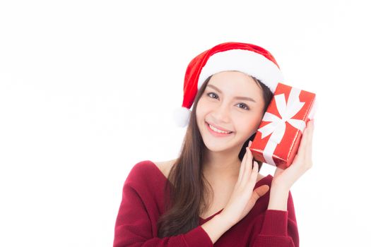 Happy asian woman with smile holding gift box of xmas, Present girl with celebration christmas a holiday, girl with buyer isolated on white background, shopping with season concept.